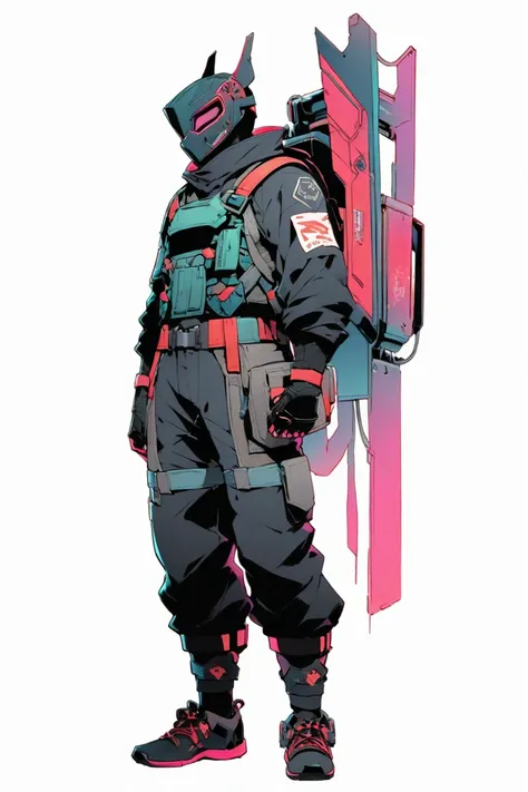  Cyberpunk Ninja Action Novel。solo ninja 。((white background illustration ))。(( full body illustration))。(( Standing))。 cyberpunk mask。Ninja costume with armored tiles attached。Equip your lower back with a jet pack。Military-inspired coloring。