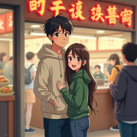 A tall handsome guy (three-quarter hairstyle, bright eyes and smile), wearing an off-white hoodie and dark blue jeans.  He is standing behind of a long-haired girl (bright eyes and smile) and holding her. The girl is wearing a green hoodie and blue jeans. ...