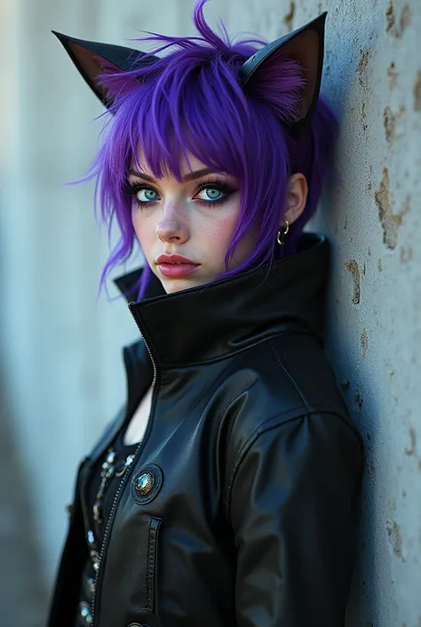 girl, cat ears, standing near the wall, dressed brutally, bright makeup, bright blue eyes, tousled purple hair