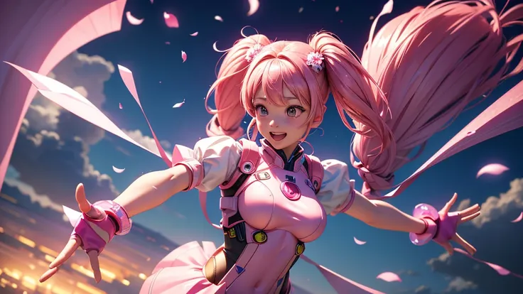 8k, RAW photo, best quality, masterpiece:1.2), (realistic, photo-realistic:1.4), (extremely detailed 8k wallpaper).A cheerful anime girl with pink twin-tails, wearing a futuristic idol dress with floating holographic petals around her. She is jumping in th...