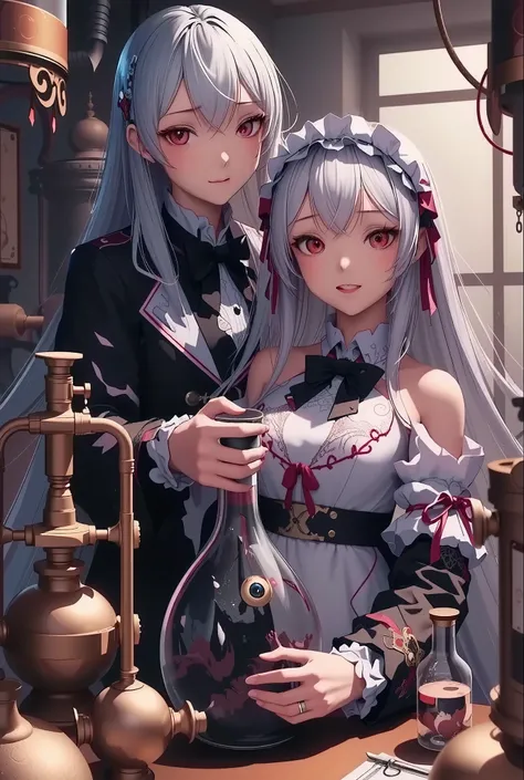 a mad scientist and their assistant in an underground laboratory, the mad scientist with the crazy smile, the assistant with the creepy smile, In her hand she holds a flask containing a large, one-eyed, black, smoky creature. highly detailed, underground l...