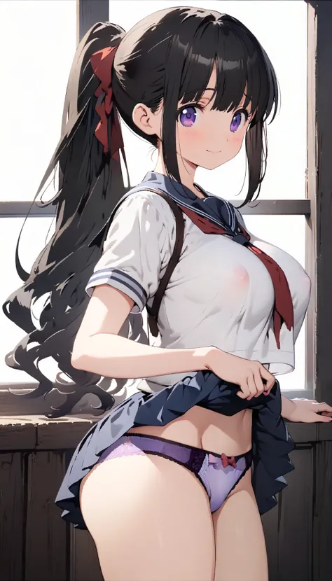 (nsfw:1.3), 1girl, smile, black hair, short hair, ponytail, cute face, purple eyes, embarrassed, ideal ratio body proportions, perfect anatomy, (curvy:1.3), (large chest), (cute school uniform), (Closed your mouth), (from view), (indoor), (stand), (mini sk...