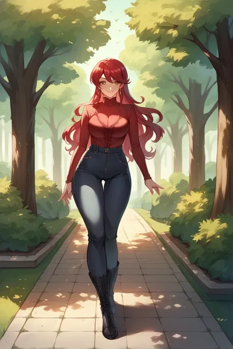 Pyrrha Nikos (Rwby), tall, red blouse, black jeans, black boots, park background, smile, standing, hips, Amazonian build, beautiful,