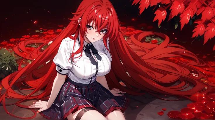   Sexy rias gremory, UHD, Wearing a very sexy school uniform,  red hair,  Long hair ,  big breasts , voluptuous, In a reddish wasteland, 