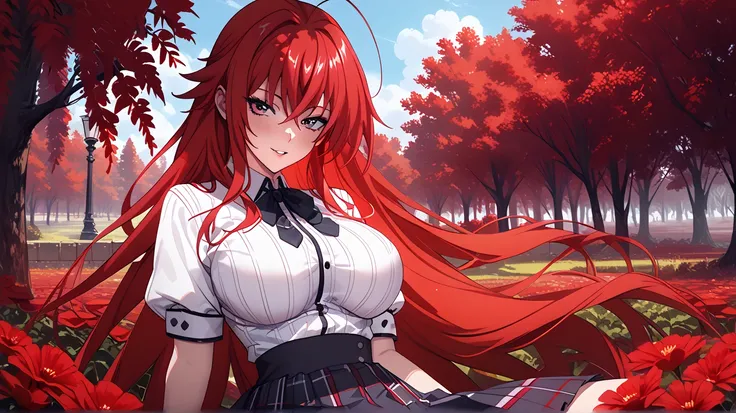   Sexy rias gremory, UHD, Wearing a very sexy school uniform,  red hair,  Long hair ,  big breasts , voluptuous, In a reddish wasteland, 