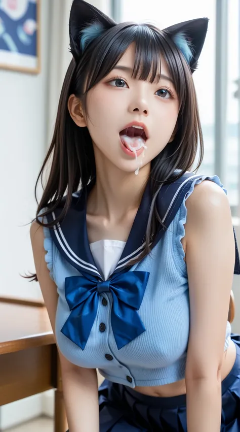 There is a smiling woman sitting at a table and rubbing her chest,  ((( open your mouth 、 semen in the mouth)))、Close-up face close-up、 side view 、break ((( Tight Breasts 、Separated Breasts 、 tight breasts)))、((( sailor collar 、 Navy Blue Ruffle Skirt ,  N...