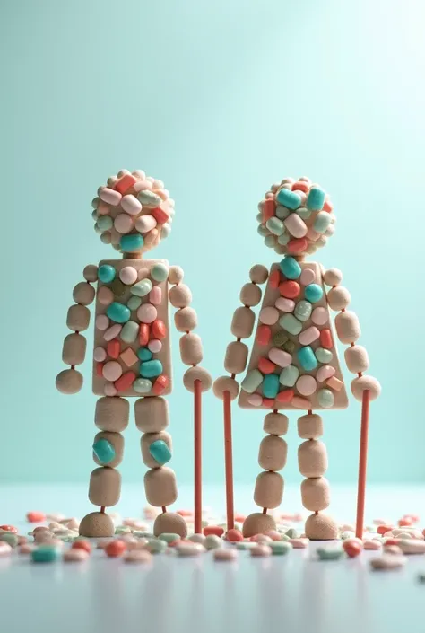 B.Pharm research  presentation background feature human figures of elderly patients made of pills resemble male female signs with walking stick 
