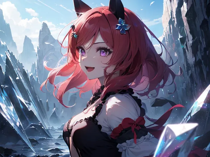 (((solo, girl with horse ears and tail, (chubby body), (()), nightgown, ((crystal hair ornament)), squinting, smiling, (loosely open mouth, purple eyes, long red hair), hair blowing in the wind, ((crystal covered ground, crystal cave, fantastic light, stro...