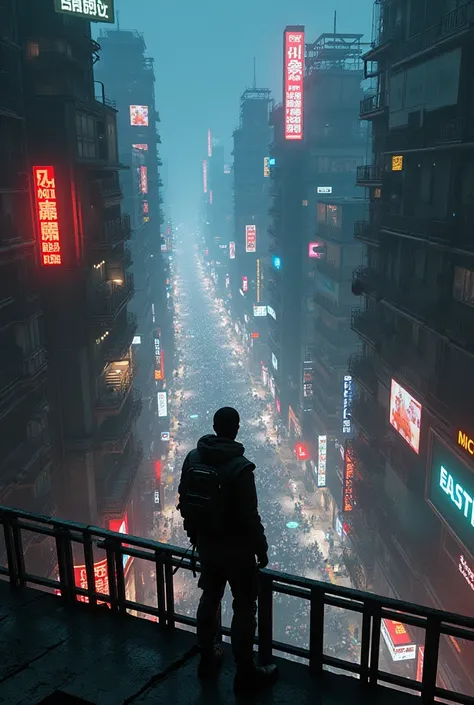 Cyberpunk Slums: The character stands on a high walkway in a cyberpunk city, looking down at a maze of neon-lit slums, crowded streets, and holographic advertisements. The depth is created by layers of buildings, flickering lights, and the haze of pollutio...