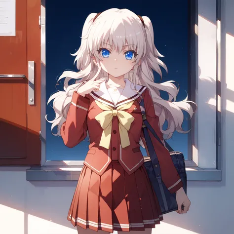 nao tomori, long hair, blue eyes, two side up, school uniform, serafuku, long sleeves, red blazer, red skirt, pleated skirt, white sailor collar, glossy skin, glistening skin, looking at viewer, Tempting body,