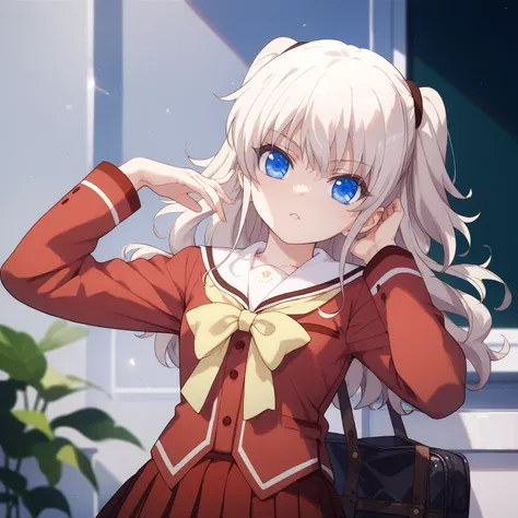 nao tomori, long hair, blue eyes, two side up, school uniform, serafuku, long sleeves, red blazer, red skirt, pleated skirt, white sailor collar, glossy skin, glistening skin, looking at viewer, Tempting body,