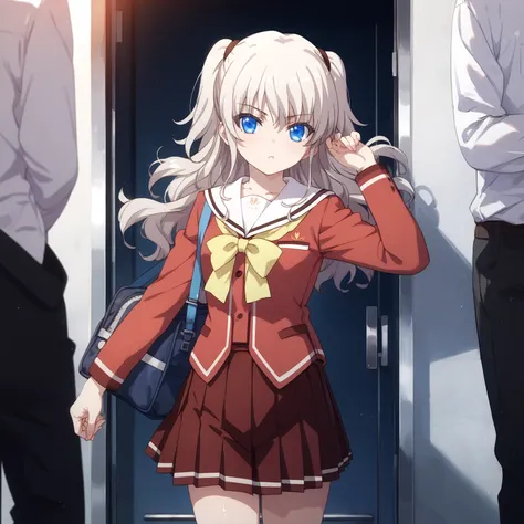 nao tomori, long hair, blue eyes, two side up, school uniform, serafuku, long sleeves, red blazer, red skirt, pleated skirt, white sailor collar, glossy skin, glistening skin, looking at viewer, Tempting body, full body