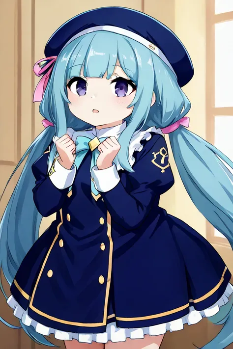 pudding_tf, pudding_girl, ms_raphael default mode,  1girl, solo, aqua hair, bangs, blue eyes, blue hair, purple eyes, low twintails, very long hair,