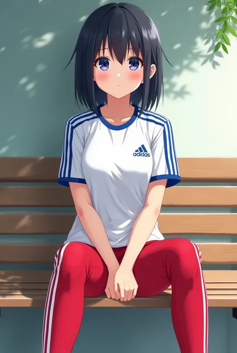 a anime girl  is wearing short sleeved white adidas shirt with blue stripes on shoulders ,red long adidas pants with white stripes and white adidas shoes and white socks is sitting on the bench