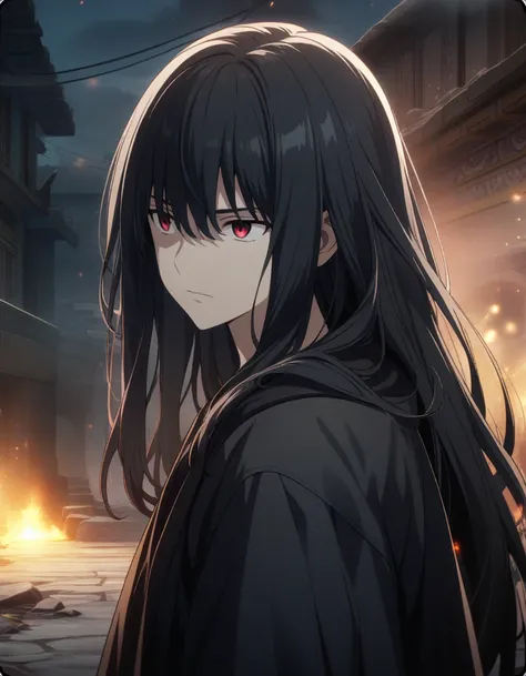 1boy, black hair, long hair, red eyes, cold glare, cold look, apathetic face, black clothes, greek clothes, CG, screenshot