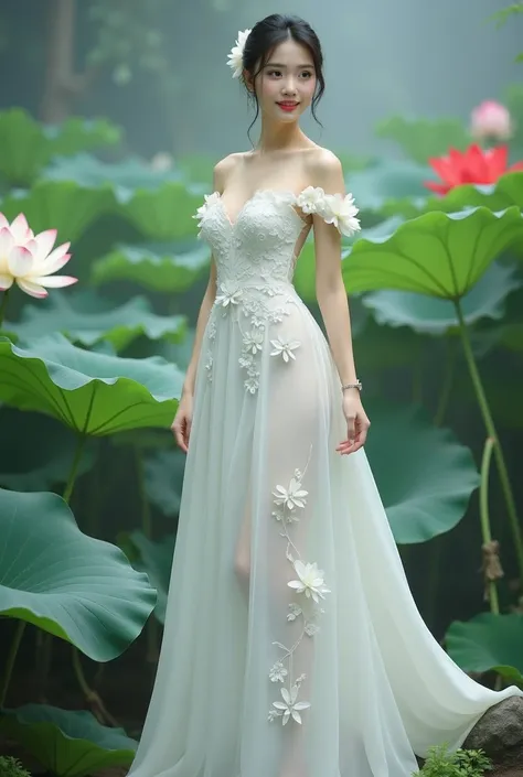 a woman in an elegant, flowing white gown adorned with floral designs. She is standing in a serene environment surrounded by large lotus flowers in various colors, including white and red, along with broad green leaves. The setting resembles a tranquil gar...