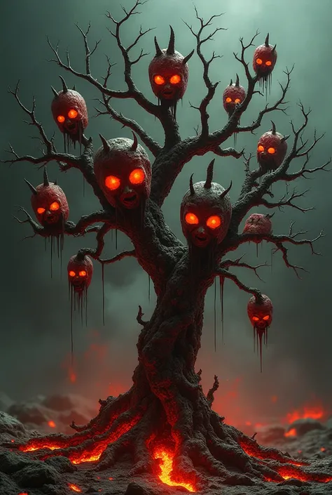 "A twisted, thorn-covered tree growing in the middle of Hell, its branches dry and lifeless. The tree bears grotesque, glowing fruits that resemble the heads of demons, oozing a black, tar-like substance. The ground around it is cracked and burning, with m...