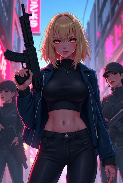 Blonde anime gangster boss woman in gang with guns name truble