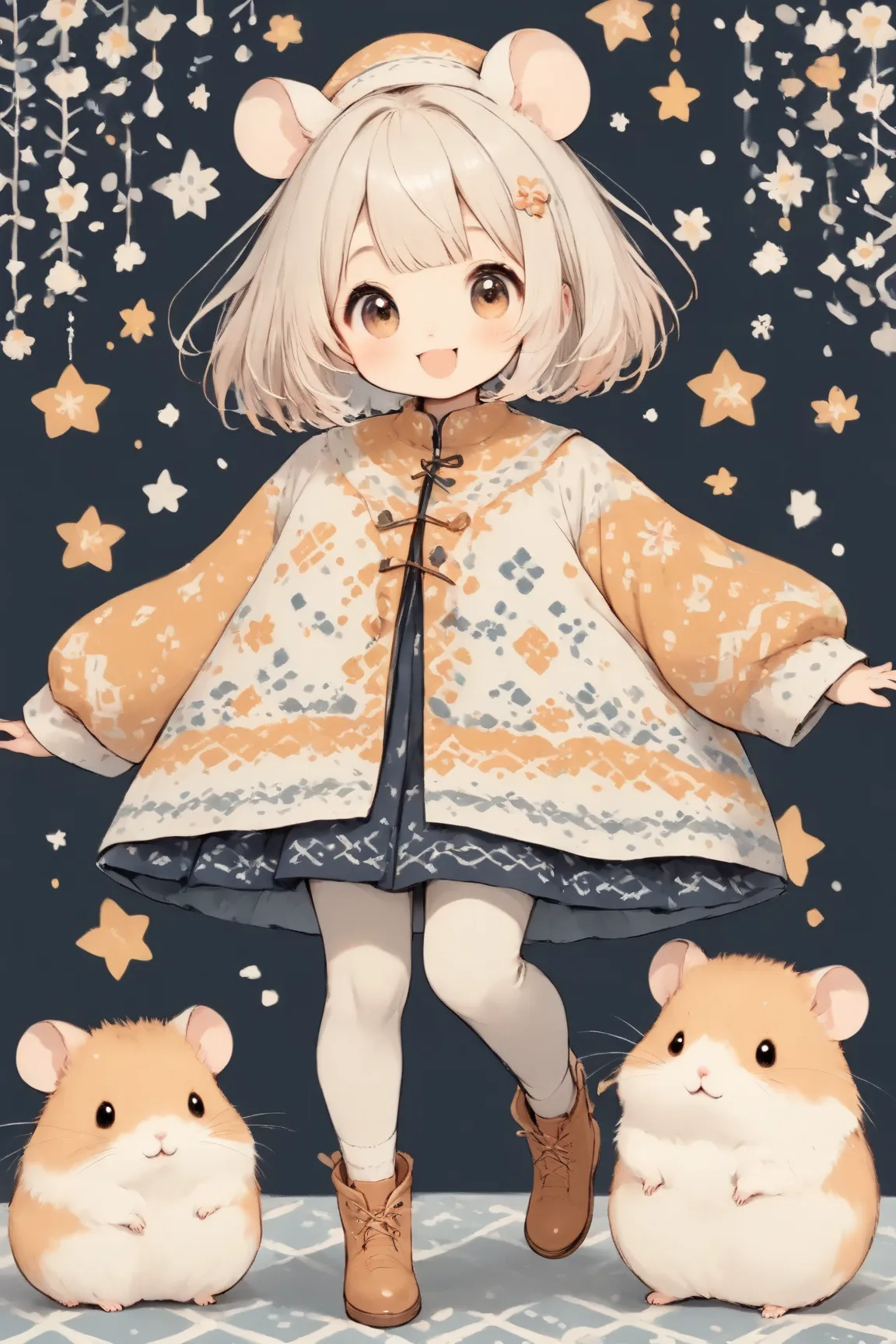 cute　Illustration,(Hamuko-chan,Hamster girl,1girl,solo,full　body,cream-colored hair,make bangs,Scandinavian pattern clothes and hats,hamster ears)