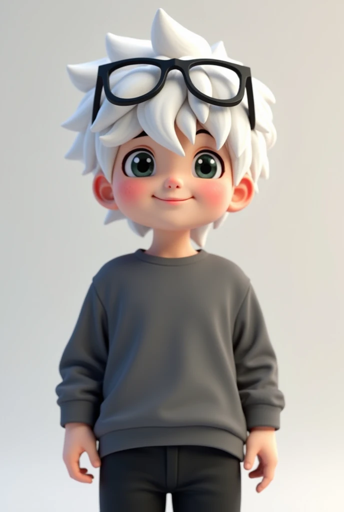  a roblox character anime boy, bushy white hair ,smiley ,   black color glasses in hair ,  gray black color shirt , black trousers 