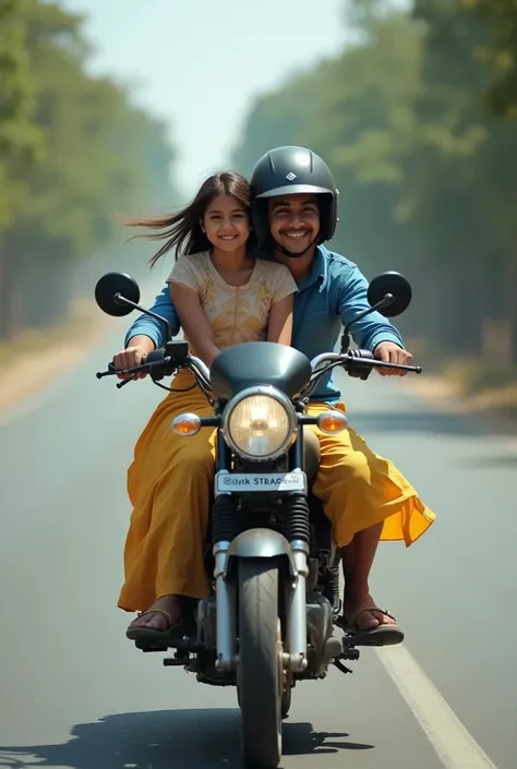 A girl and boy travelling in a motorbike, boy wearing a blue colour shirt and khakee colour pants, girl wearing a yellow colour churidar, her hair floating in the air her arms across his chest and sitting too closly.. He is wearing a helmet. The road is em...