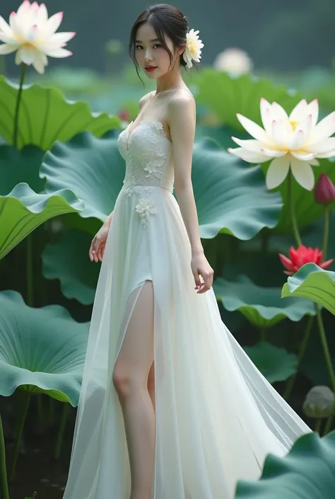 a woman in an elegant, flowing white gown adorned with floral designs. She is standing in a serene environment surrounded by large lotus flowers in various colors, including white and red, along with broad green leaves. The setting resembles a tranquil gar...