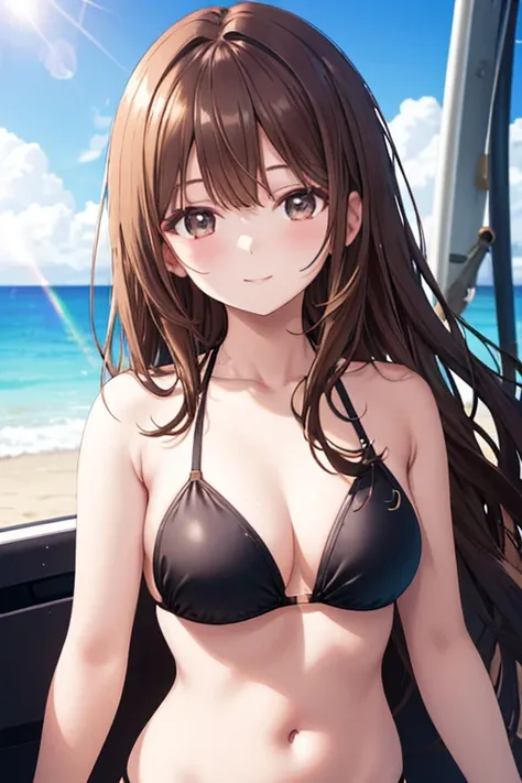  Masterpiece,  top quality,  beach,  in the seat,  brown hair, ,  happy, delicate face, ( black bikini), ,  beautiful lighting arranged in an orderly manner,  description depth of boundary ,  Thin Smile,  lens flare