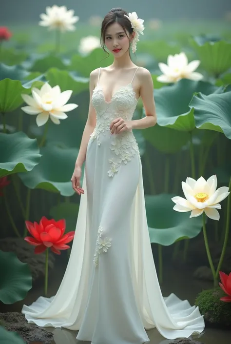 a woman in an elegant, flowing white gown adorned with floral designs. She is standing in a serene environment surrounded by large lotus flowers in various colors, including white and red, along with broad green leaves. The setting resembles a tranquil gar...