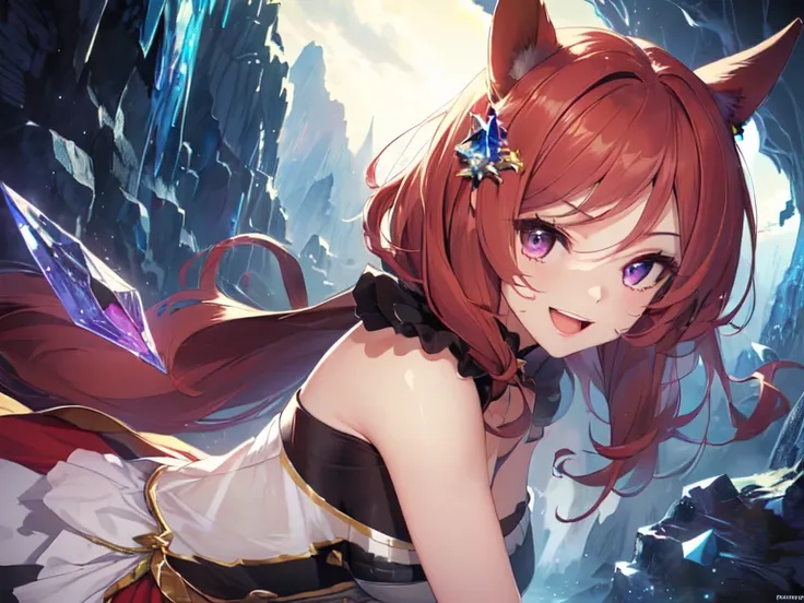 (((Solo, Girl with horse ears and tail, (Chubby body), ((See-through Baron)), Adventure costume, ((Crystal hair ornament)), Squinting, Smiling, (Loosely open mouth, Purple eyes, Long red hair), Hair blowing in the wind, ((Crystal covered ground, Crystal ca...