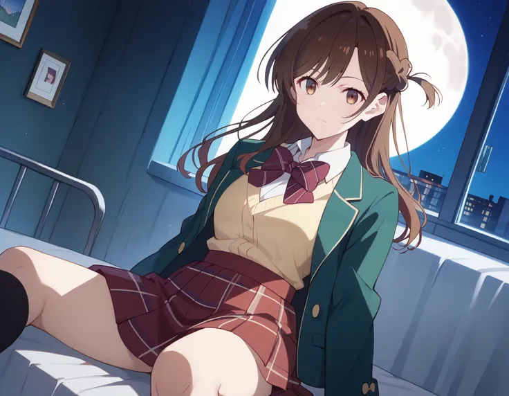 Staring at the Audience, Alone, Chizuru Ichinose, 1 girl, brown hair, long hair, french braid, brown eyes,  school's, green jacket, yellow sweater , bow tie,  plaid skirt, red skirt,  BLACK SOCKS, In a completely dark infirmary, bed,  window_,Midnight cir...