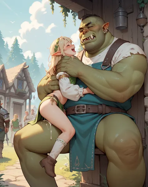 Fantasy, petit elf raped by a elect loincloth orc , (sex:0.05) , (cum:0.8) , (clothed elf) , male orc only village , loosebody , ugly face , (cunnilingus:0.8) , hug