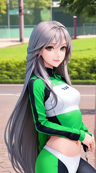 woman , long hair brown, normal, she is solo, from alternative world ,best quality, realistic, cycling full green silver black color suit and cycling sports shorts, she is stand , smile