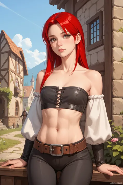 1girl, fantasy, young woman, medieval,  RPG, masterpiece, best quality, cute, long red hair, light brown eyes, adult, slim body, nice body, fit body, blacksmith, black strapless top, work pants, sexy belly, at the forge, at a blacksmith's workshop