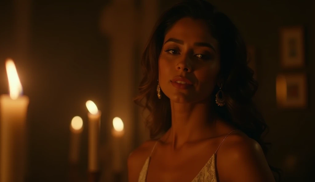 a close up of a woman in a dress with a candle in the background, a screenshot inspired by Sudip Roy, trending on cg society, baroque, youtube video screenshot, beautiful gorgeous, gorgeous beautiful, gorgeous lady, bollywood, stunning beautiful, movie scr...