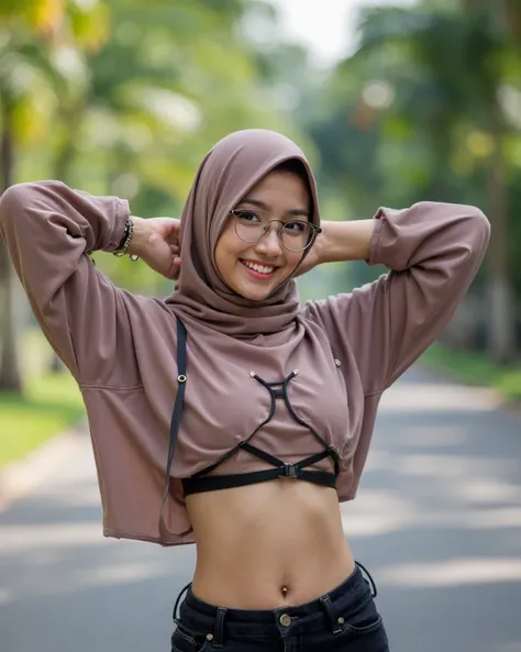 a skinny Malay girl with hijab, aged around 20 years. Small breasts, wearing a hijab, wearing a harnesses bra, daylight, at outdoor, in Malaysia Houses area, both hands on head, showing off her armpits posing, while standing, wide shoot, Jewelry, eyeglasse...