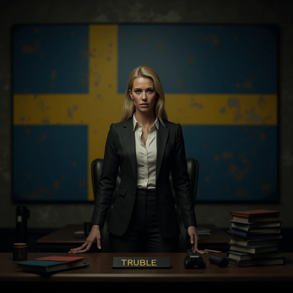 Blonde female boss Swedish flag nameplate Truble gangster game