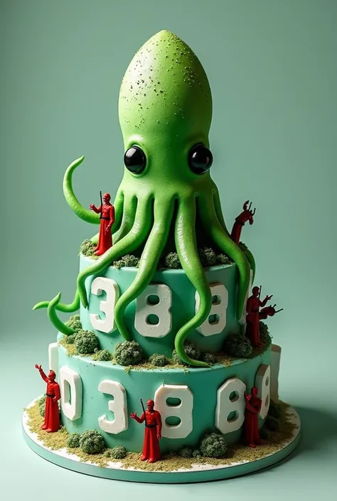 Generate me a green squid game layer cake with a red drop, mark the number 388 in white around the cake and spread the top guards 