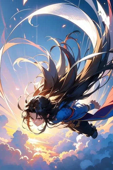 A man with long hair is flying in the air. Behind him is a view of the sky, in a sword mobile.