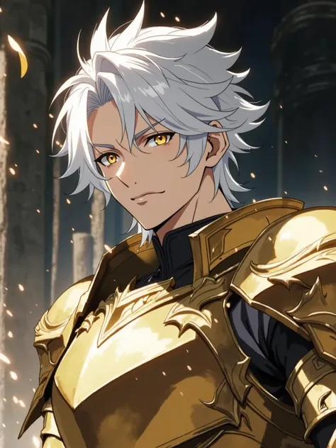 Anime, Male Anime Character, 40 years old, white hair, golden eyes, fantasy golden armor, 8K Resolution, masterpiece