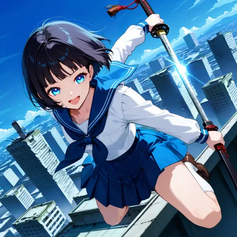 score_9, score_8_up, score_7_up, post apocalypse, (1girl, solo), (black short hair, bob cut), glowing blue eyes, (school uniform, sailor suit, pleated skirt, white sox, brown leather shoes), holding katana, (laughing crazy:1.2), BREAK in the building distr...