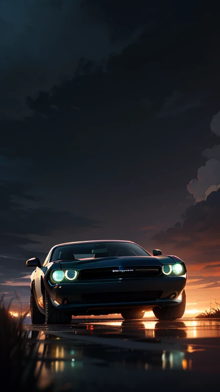 A black Dodge Challenger parked on a rough asphalt road at dusk, its red halo headlights glowing intensely. The background features a dramatic cloudy sky with dark storm-like clouds, creating a moody atmosphere. The ground has red-tinted grass and a wet, r...