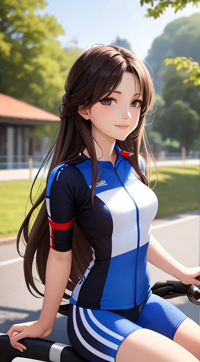 woman , long hair brown, normal, she is solo, from alternative world ,best quality, realistic, cycling full (blue white black) colorful suit and cycling sports shorts, she is stand , smile