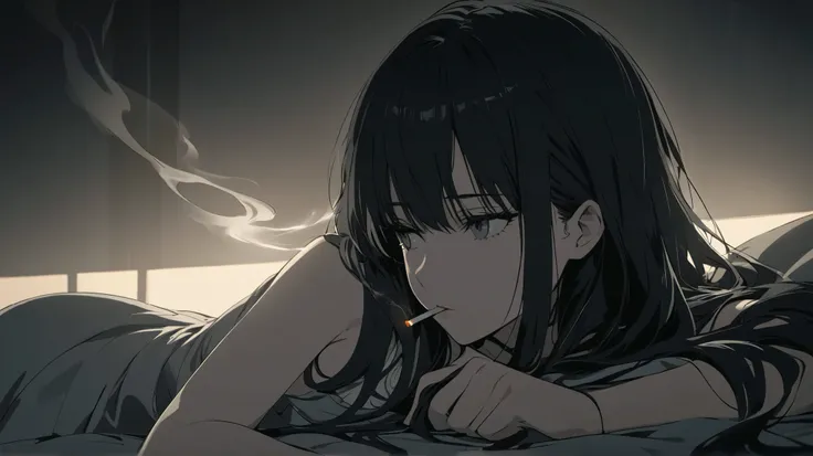 "A melancholic young woman with long black hair lying on a bed, gazing into the distance. She holds a lit cigarette with smoke curling upwards. The dimly lit room has a moody, cinematic atmosphere, with soft lighting and a muted color palette. The anime-st...