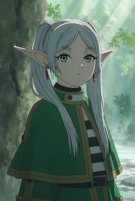  will freeze ,  will freeze ,  Extremely detailed face ,  green,  long hair,  twin tails, ( green eyes:1.5),  Grey Hair ,   pointy ears , Elf,
break shirt,  Long Sleeve,   jewelry,  pantyhose,  earrings,  striped , black  pantyhose,  Capelet ,  striped  sh...