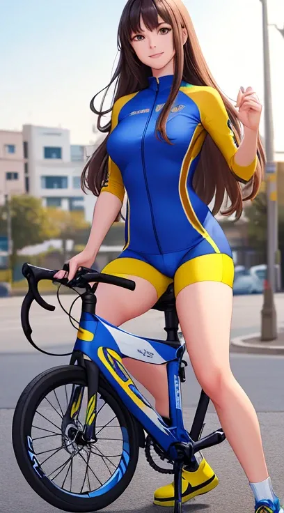 woman , long hair brown, normal, she is solo, from alternative world ,best quality, realistic, cycling full (blue yellow black) colorful suit and cycling sports shorts, she is stand , smile