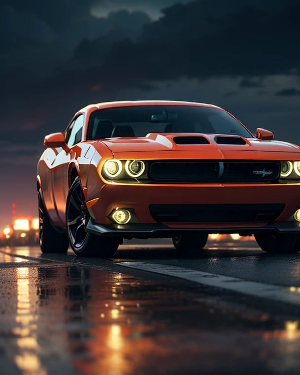 A black Dodge Challenger parked on a rough asphalt road at dusk, its red halo headlights glowing intensely. The background features a dramatic cloudy sky with dark storm-like clouds, creating a moody atmosphere. The ground has red-tinted grass and a wet, r...