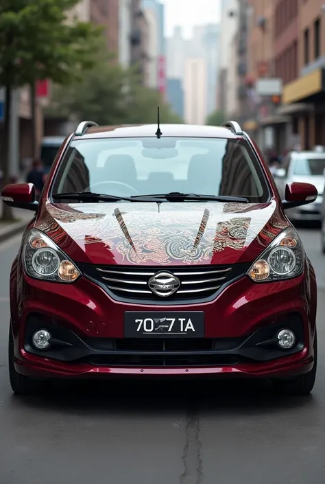 The 2013 Chery Tigo car is maroon and has a tattoo