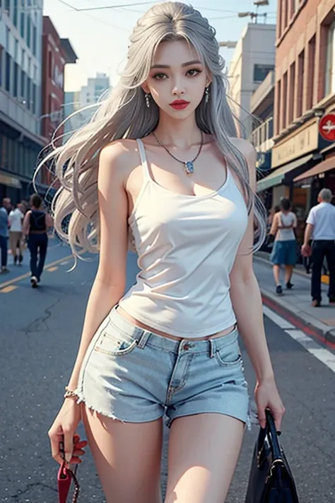 Urban beautiful girl college student, masterpiece, light makeup, red lips, silver hair, messy long hair, street background, beautiful, elegant. Ultra-fine details, master works, real texture, cinematic lighting realism, perfect work, 8k, HD, exquisite faci...