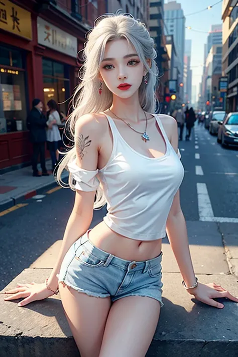 Urban beautiful girl college student, masterpiece, light makeup, red lips, silver hair, messy long hair, street background, beautiful, elegant. Ultra-fine details, master works, real texture, cinematic lighting realism, perfect work, 8k, HD, exquisite faci...