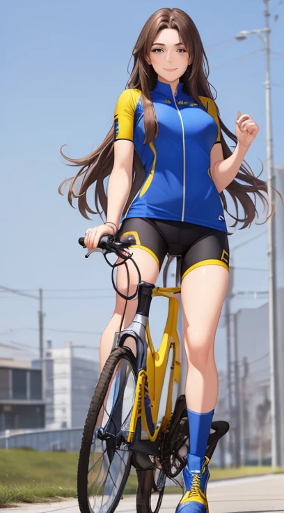 woman , long hair brown, normal, she is solo, from alternative world ,best quality, realistic, cycling full (blue yellow black) colorful suit and cycling sports shorts, she is stand , smile